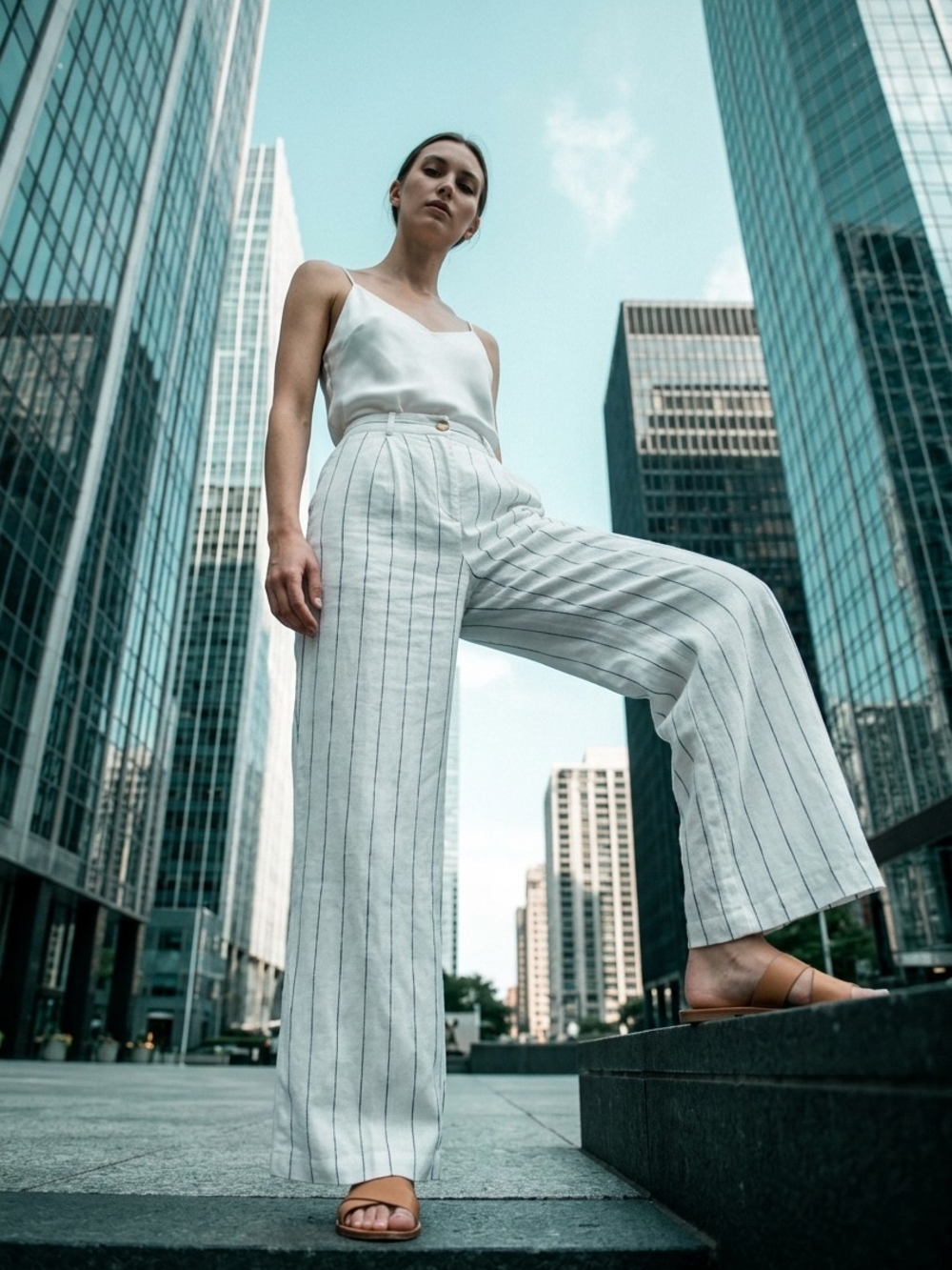 Wide-Leg Striped Linen Pants - White